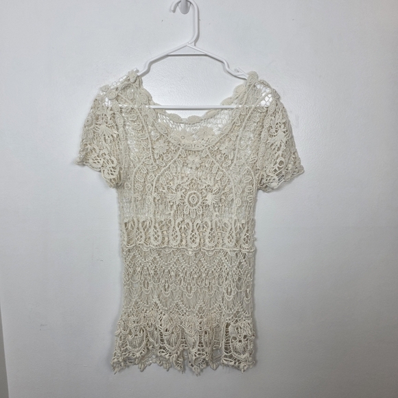 Unbranded Tops - Cream Floral Crochet Beachy Coastal Festival Summer Casual Bohemian Shirt Sz S